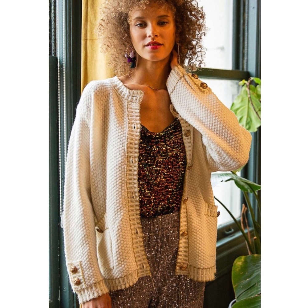 Pol Wool Mohair Blend Cardigan Sweater Designed In Round Neck With Gold Buttons